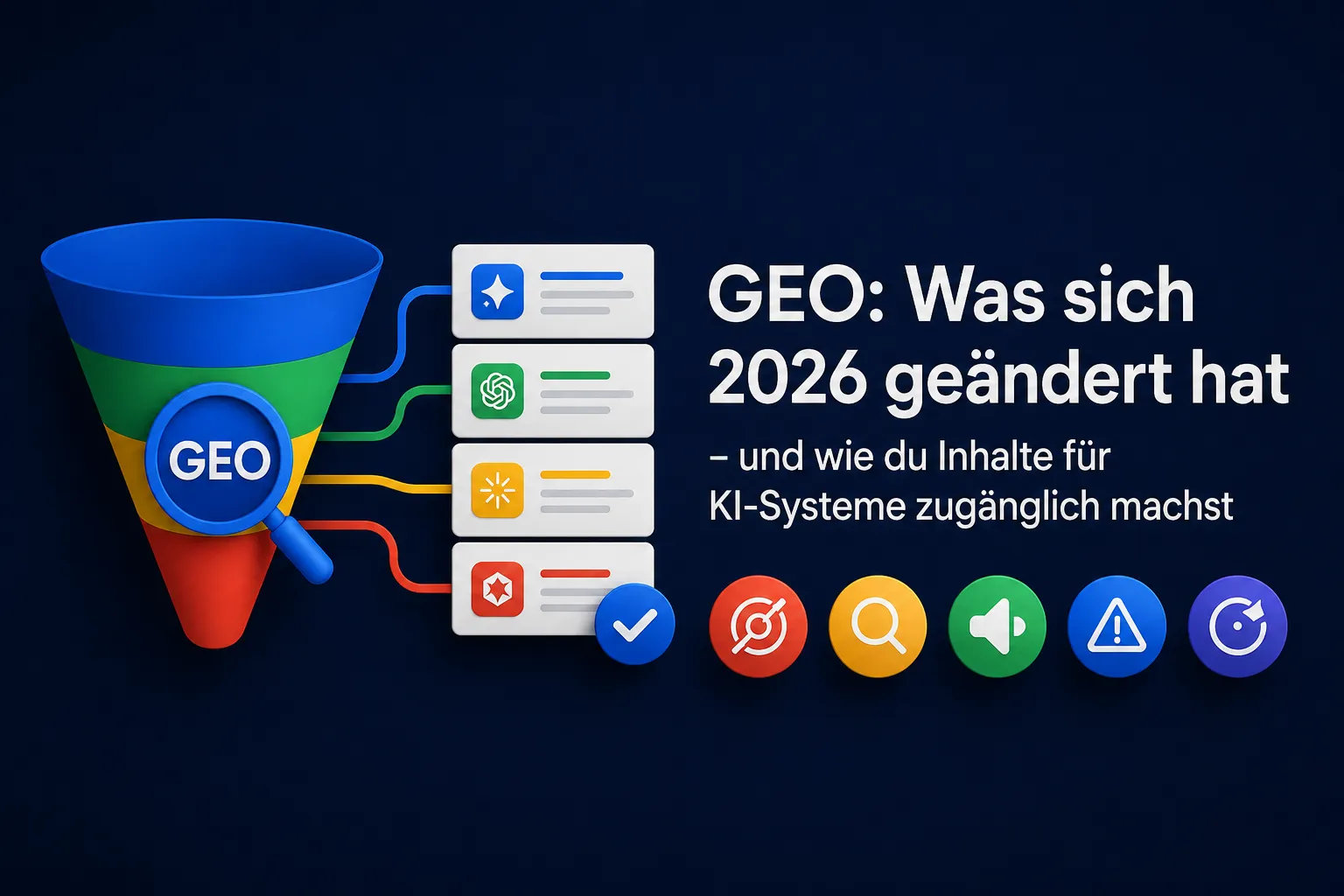 Beitrag von SPCTR: ein Trichter mit Lupe und vier Ergebniskarten von KI-Systemen, daneben der Titel: GEO, was sich 2026 geändert hat.