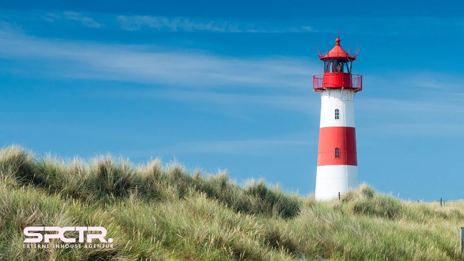 Case von SPCTR: ein rot-weißer Leuchtturm auf einer Düne unter blauem Himmel